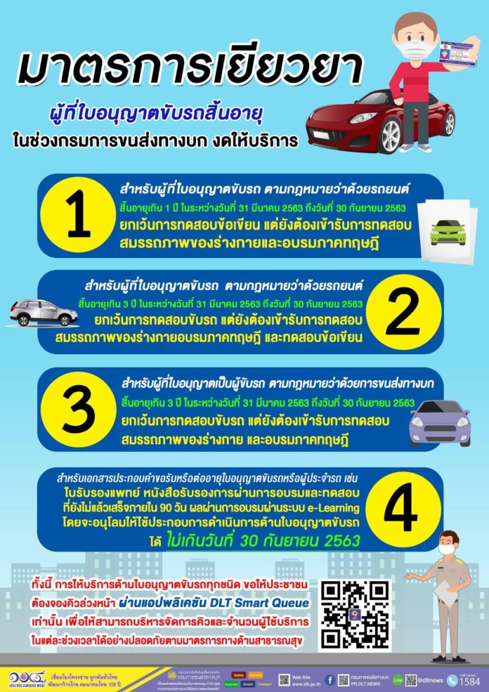 กรมการขนส่งทางบก มาตรการเยียวยาให้แก่ผู้ที่ใบอนุญาตขับรถสิ้นอายุในช่วงกรมการขนส่งทางบกงดให้บริการ